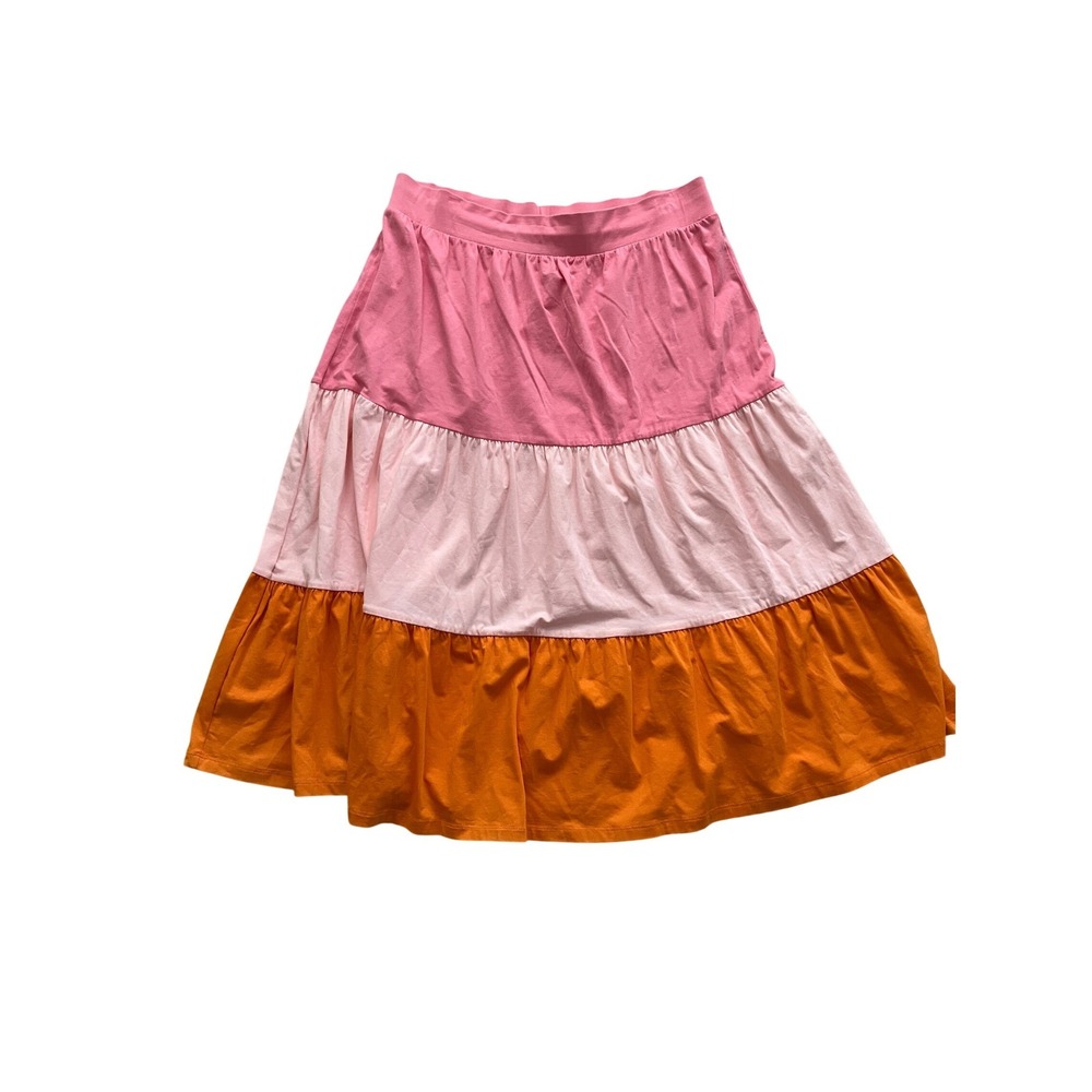 Lands' End Womens Pink Orange Colorblock Tiered Cotton Modal Maxi Skirt XL 10-12